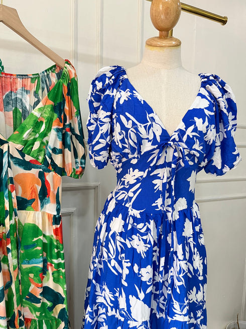 Summer V-Neck Puff Sleeves Back Tie Maxi Dress